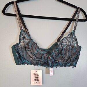 Savage X Fenty Lace Bra Teal Blue Black Zig Zag Sparkle Underwire Full Cup 36C